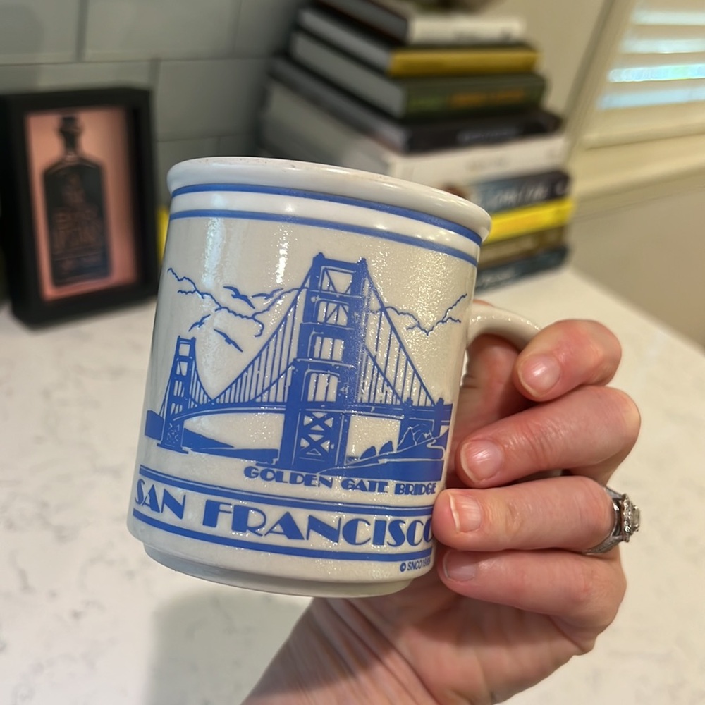 San Francisco Coffee Mug Seagulls Golden Gate Bridge Embossed Vintage